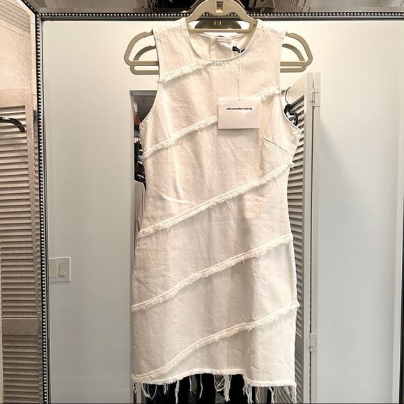 ✨NEW Alexander Wang White Denim Diagonal Seamed Gold Back Zipper Mini Dress - Picture 7 of 10